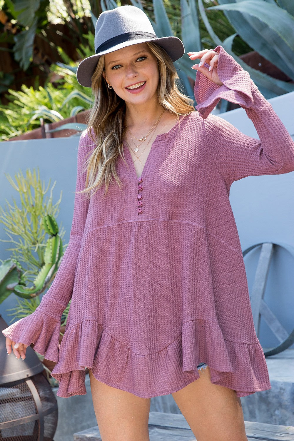 J2 Waffle Jersey Flare Flutter Hem Long Sleeve Flirty Top Mauve