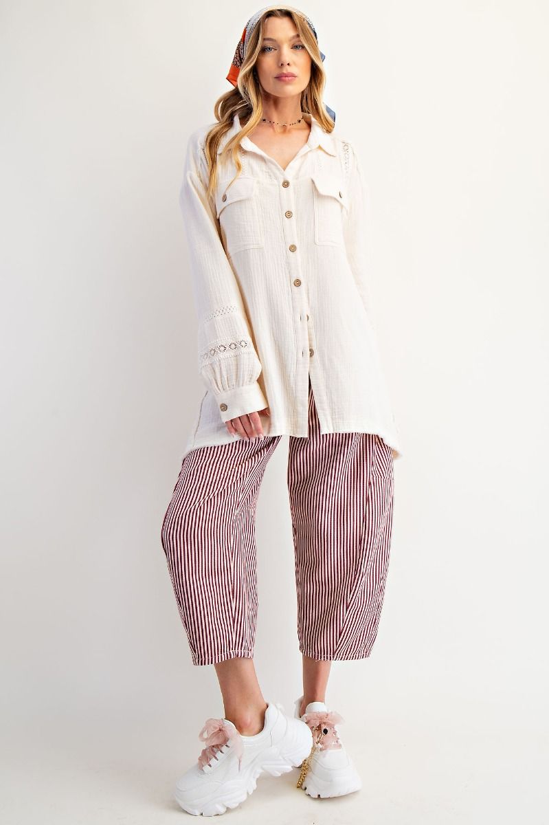 K29 Soft Gauze Tunic Length Button Front Crochet Inset Top -Ecru