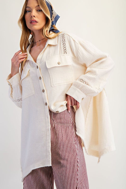 K29 Soft Gauze Tunic Length Button Front Crochet Inset Top -Ecru