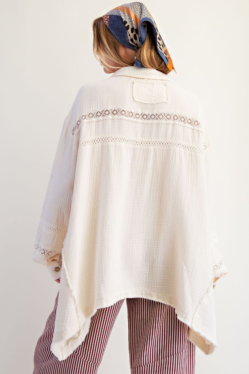 K29 Soft Gauze Tunic Length Button Front Crochet Inset Top -Ecru