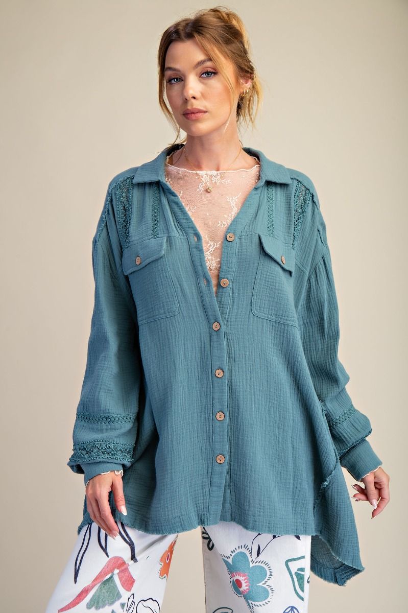 K30 Soft Gauze Tunic Length Button Front Crochet Inset Top - Teal