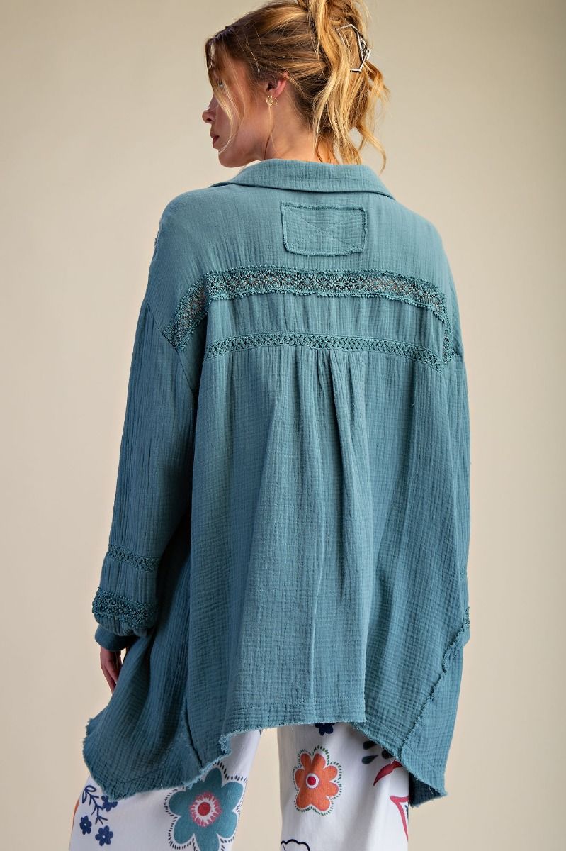 K30 Soft Gauze Tunic Length Button Front Crochet Inset Top - Teal