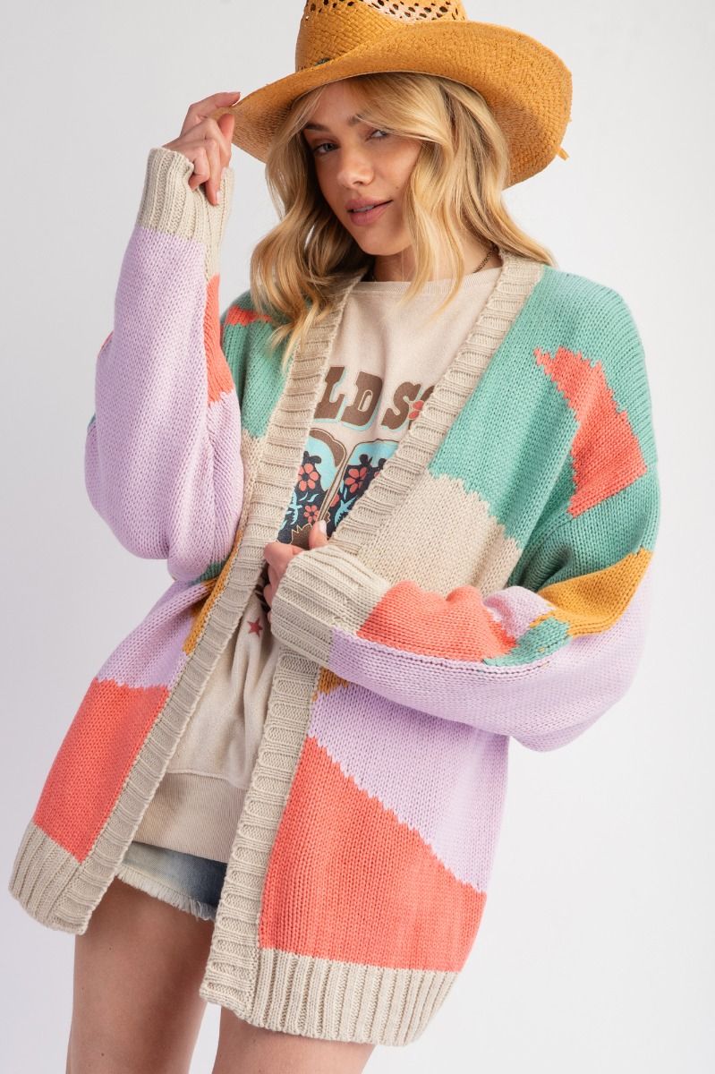K31 Color Block Knit Sweater Cardigan - Peach and Green