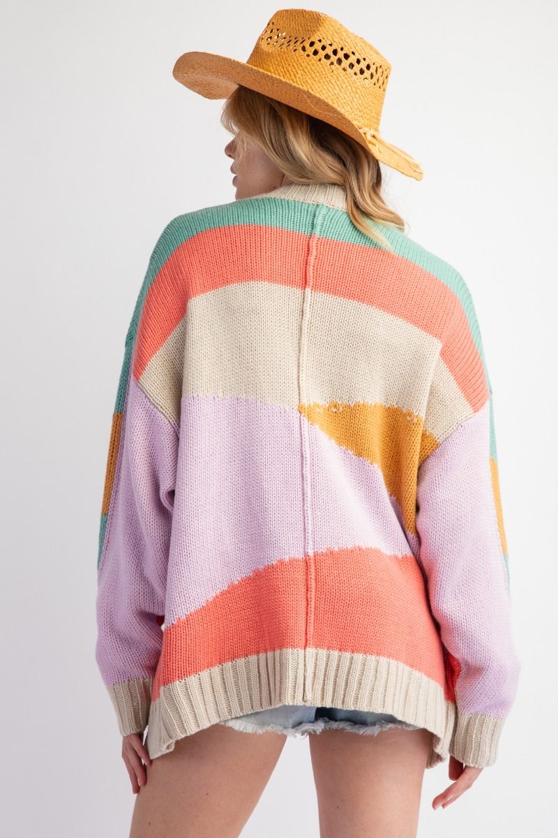 K31 Color Block Knit Sweater Cardigan - Peach and Green