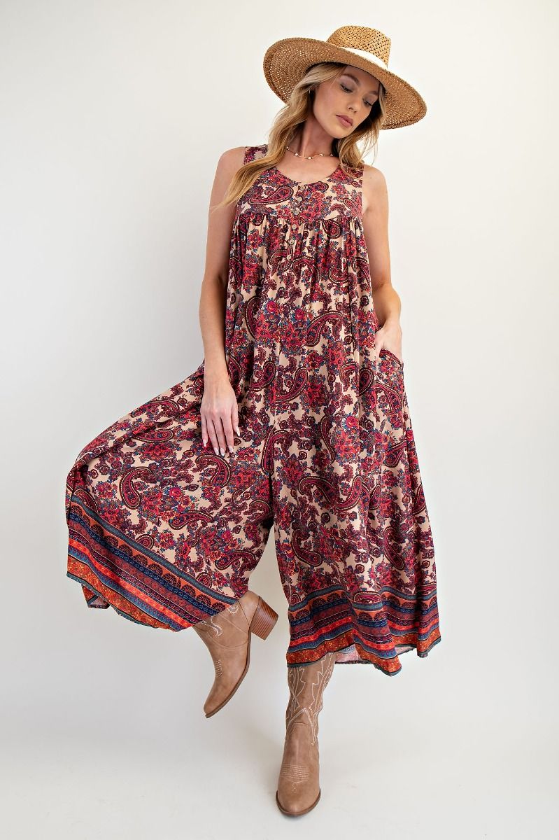 K32 Boho Border Rayon Chalis Wide Leg Romper Jumpsuit