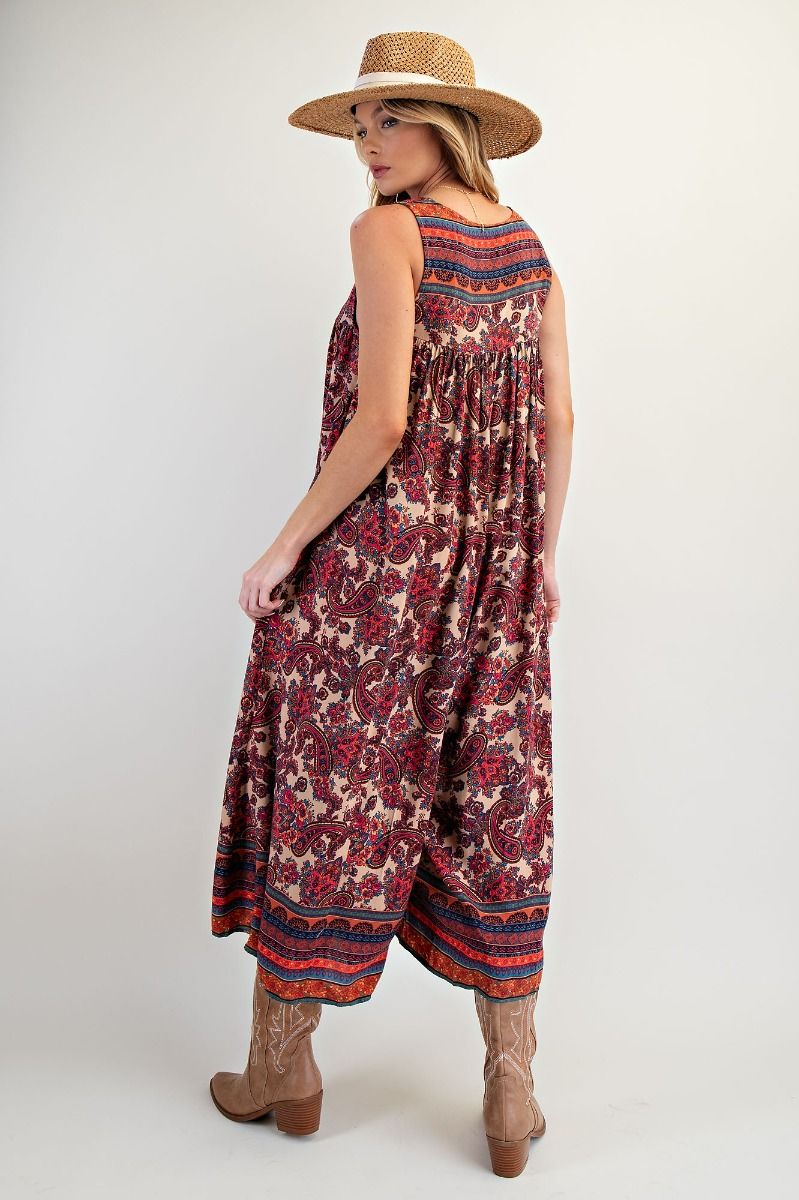 K32 Boho Border Rayon Chalis Wide Leg Romper Jumpsuit