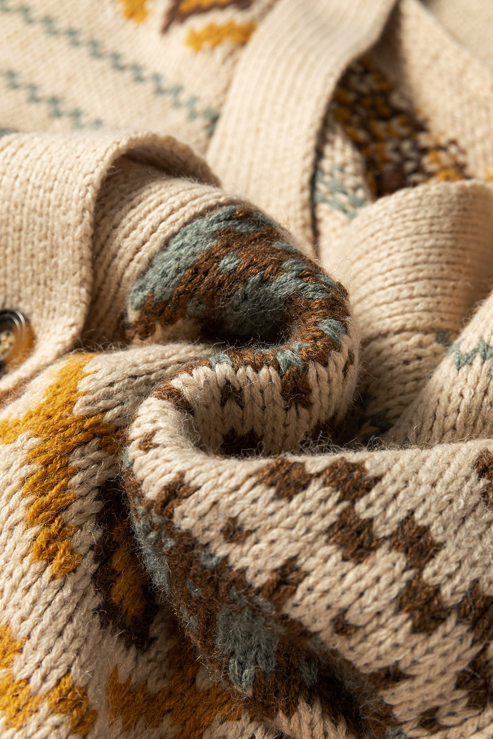 K23 Khaki Western Pattern Knitted Button V Neck Cardigan Sweater