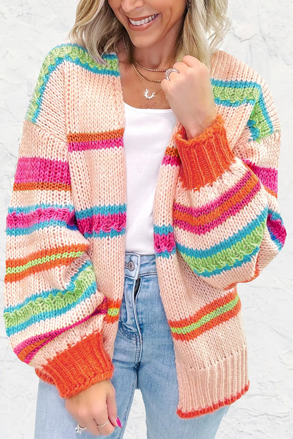 K24 Multicolor Open Front Striped Oversized Cardigan - Peach, Pink