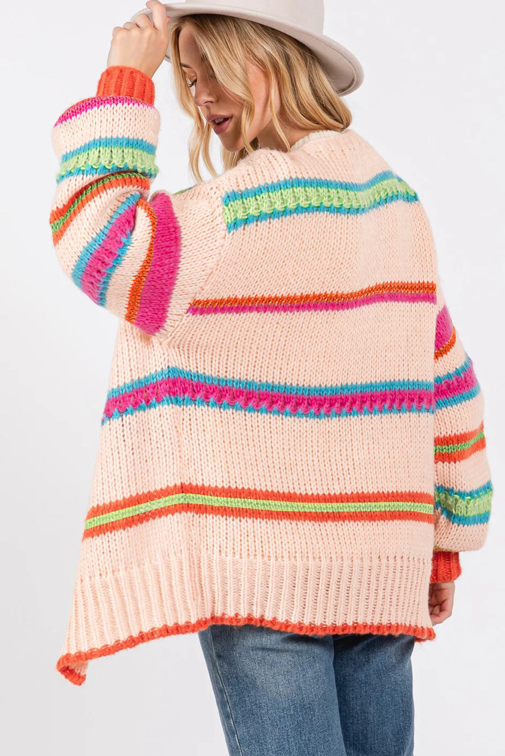 K24 Multicolor Open Front Striped Oversized Cardigan - Peach, Pink