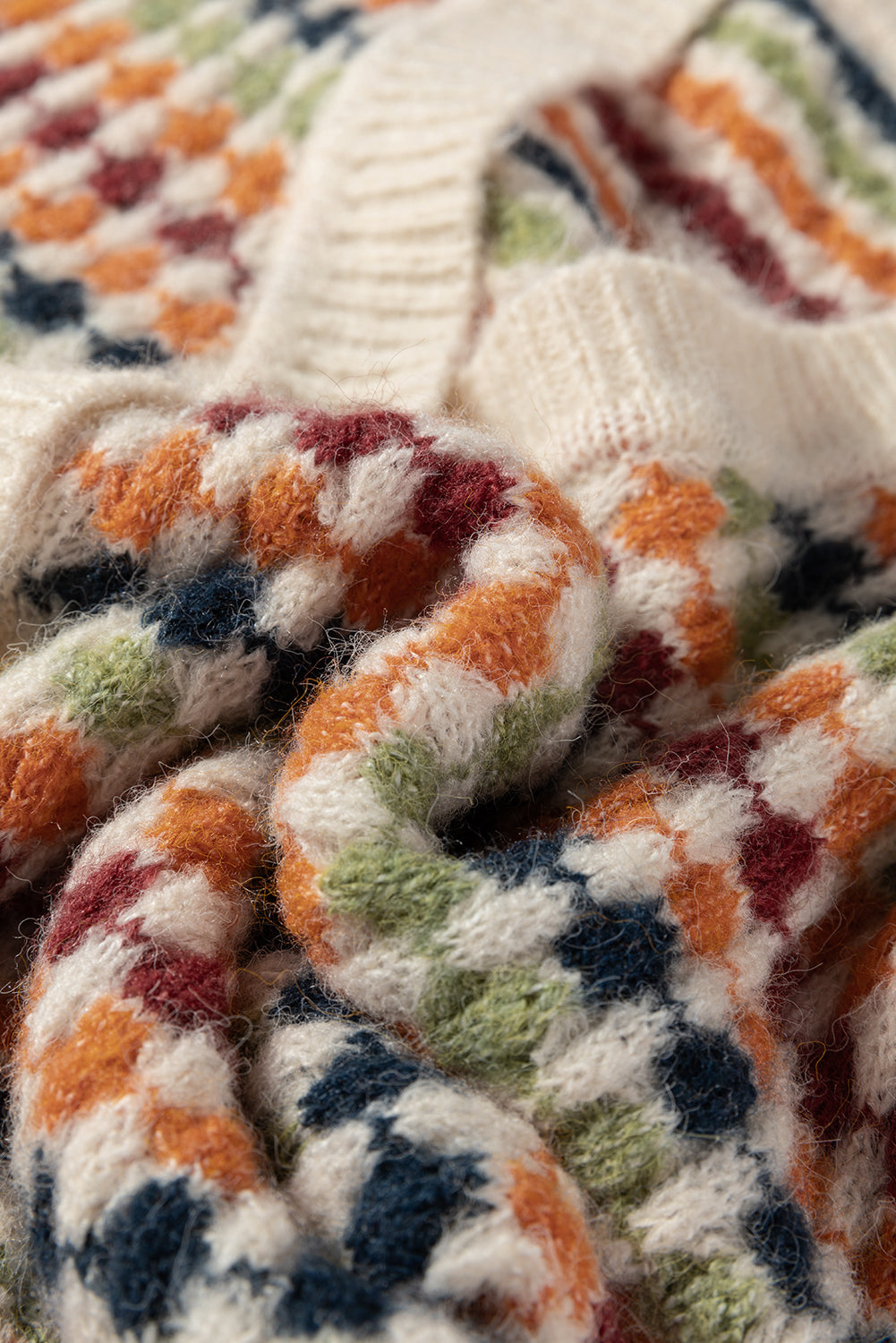 K25 Multicolor Dot Pattern Knit Button Front V Neck Sweater