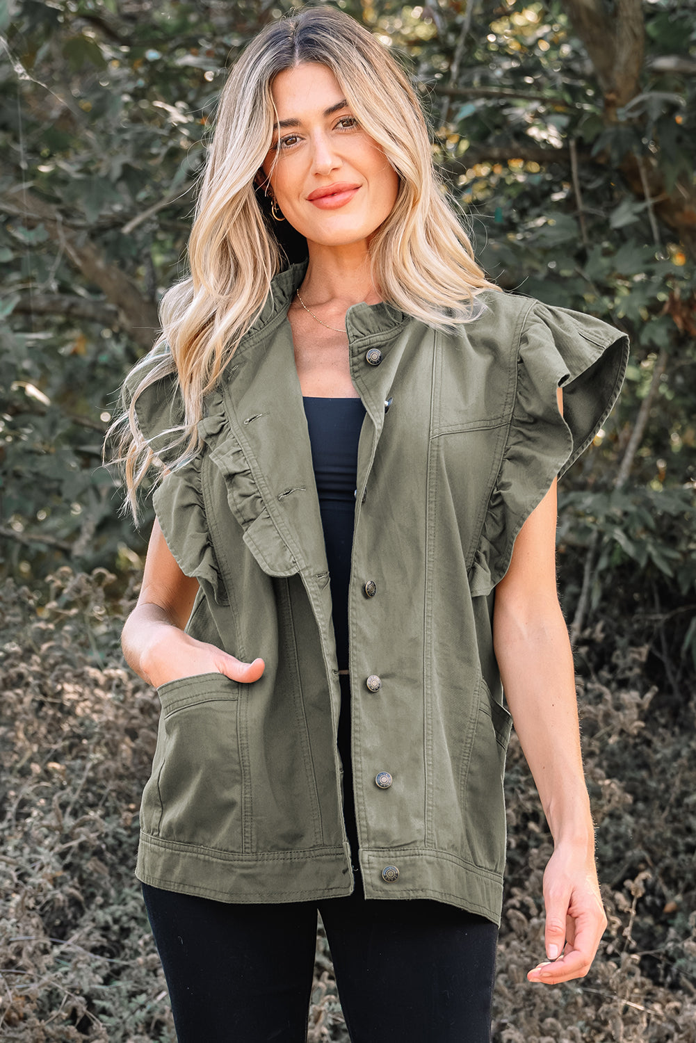 K22 Olive Green Ruffled Denim Jacket Vest
