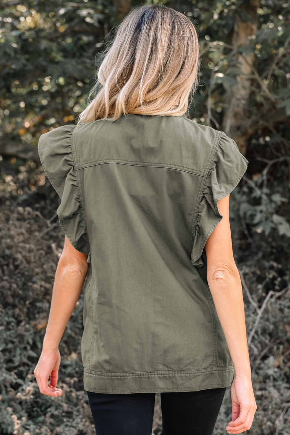 K22 Olive Green Ruffled Denim Jacket Vest