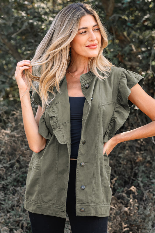 K22 Olive Green Ruffled Denim Jacket Vest