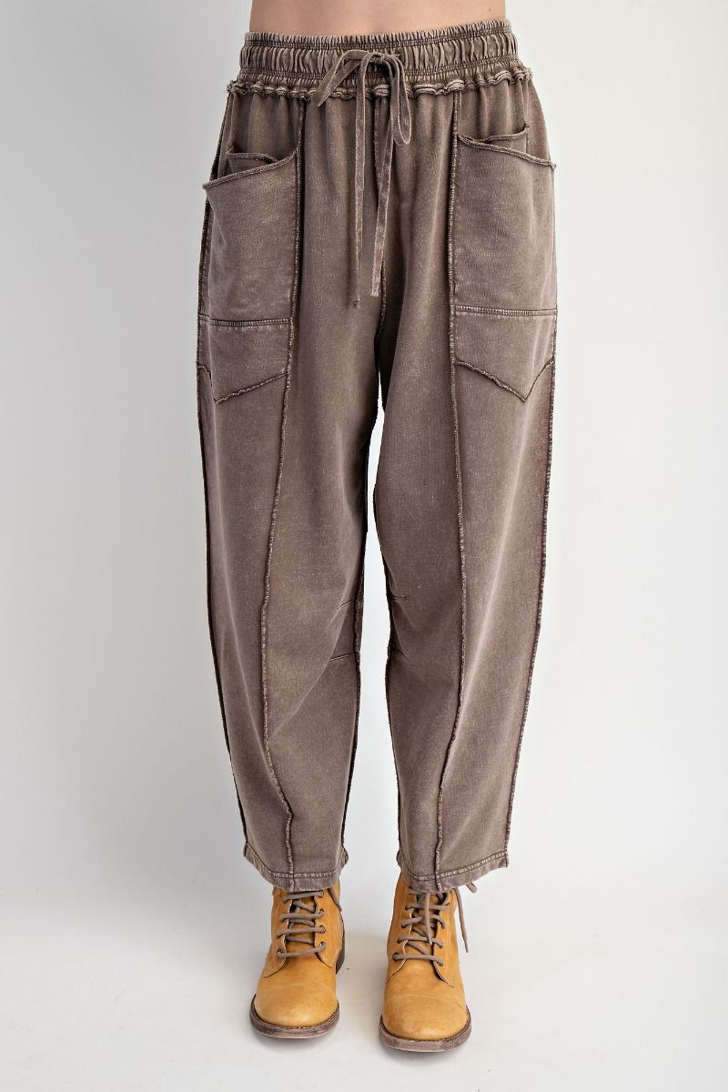 K64  Mocha Mineral Wash Terry Knit Barrel Leg Pant