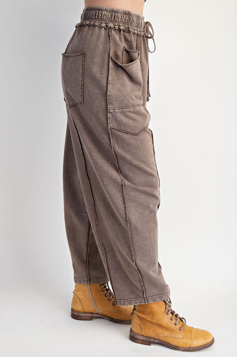 K64  Mocha Mineral Wash Terry Knit Barrel Leg Pant