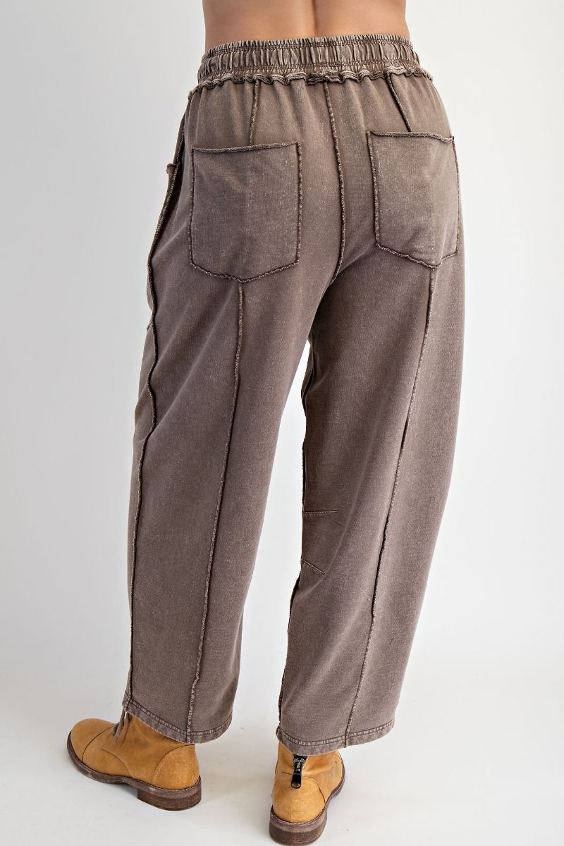 K64  Mocha Mineral Wash Terry Knit Barrel Leg Pant