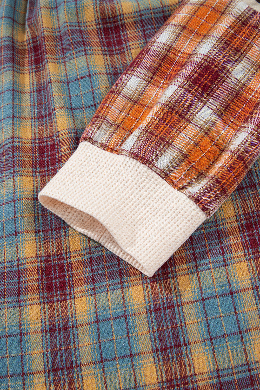 K21 Waffle Knit Color Block Plaid Patchwork Henley Pullover Plus