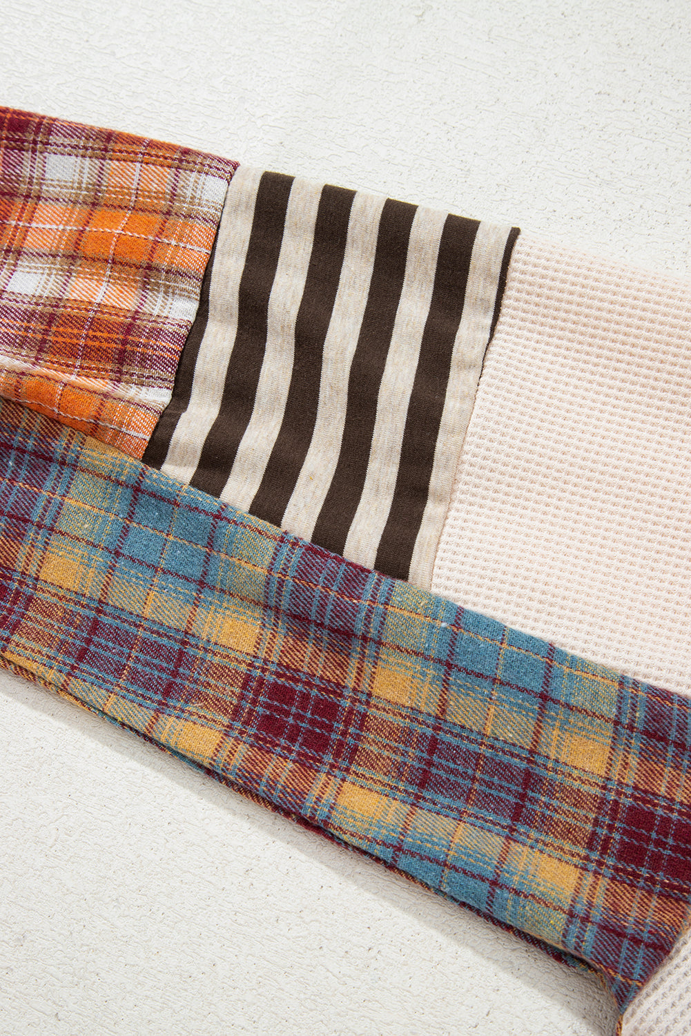 K21 Waffle Knit Color Block Plaid Patchwork Henley Pullover Plus