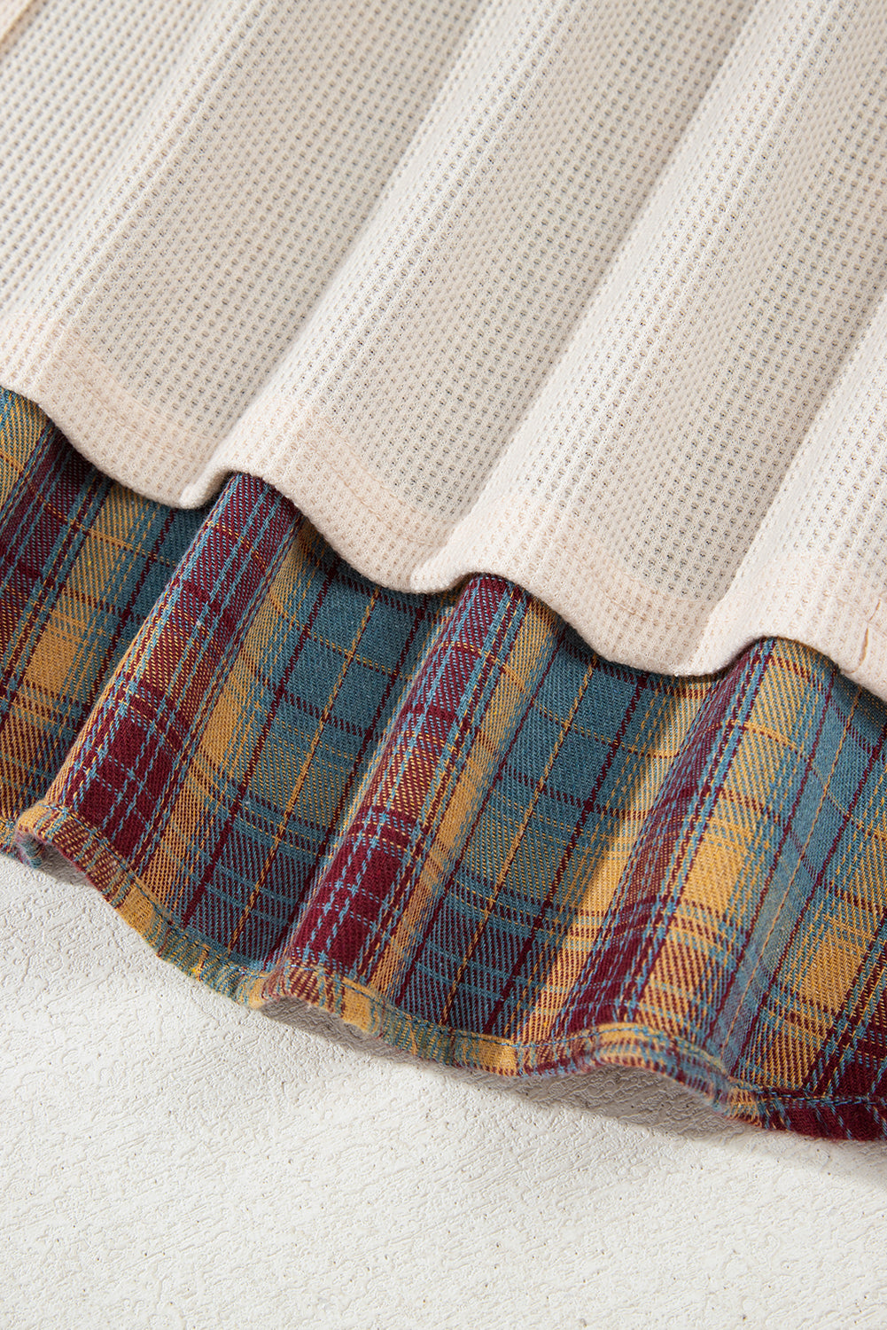 K21 Waffle Knit Color Block Plaid Patchwork Henley Pullover Plus