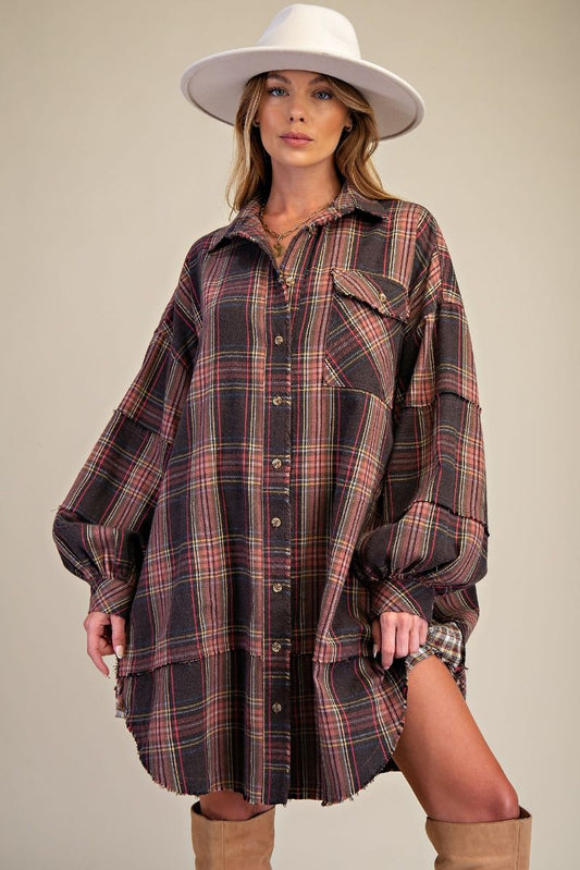 116 | Easel Long Plaid Printblock Tunic Shacket