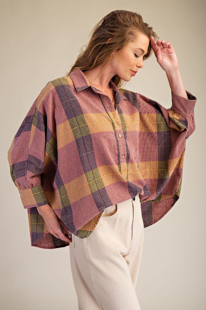 K73 Dolman Sleeve Paid Color Block Button Front Top - Rose - Purple