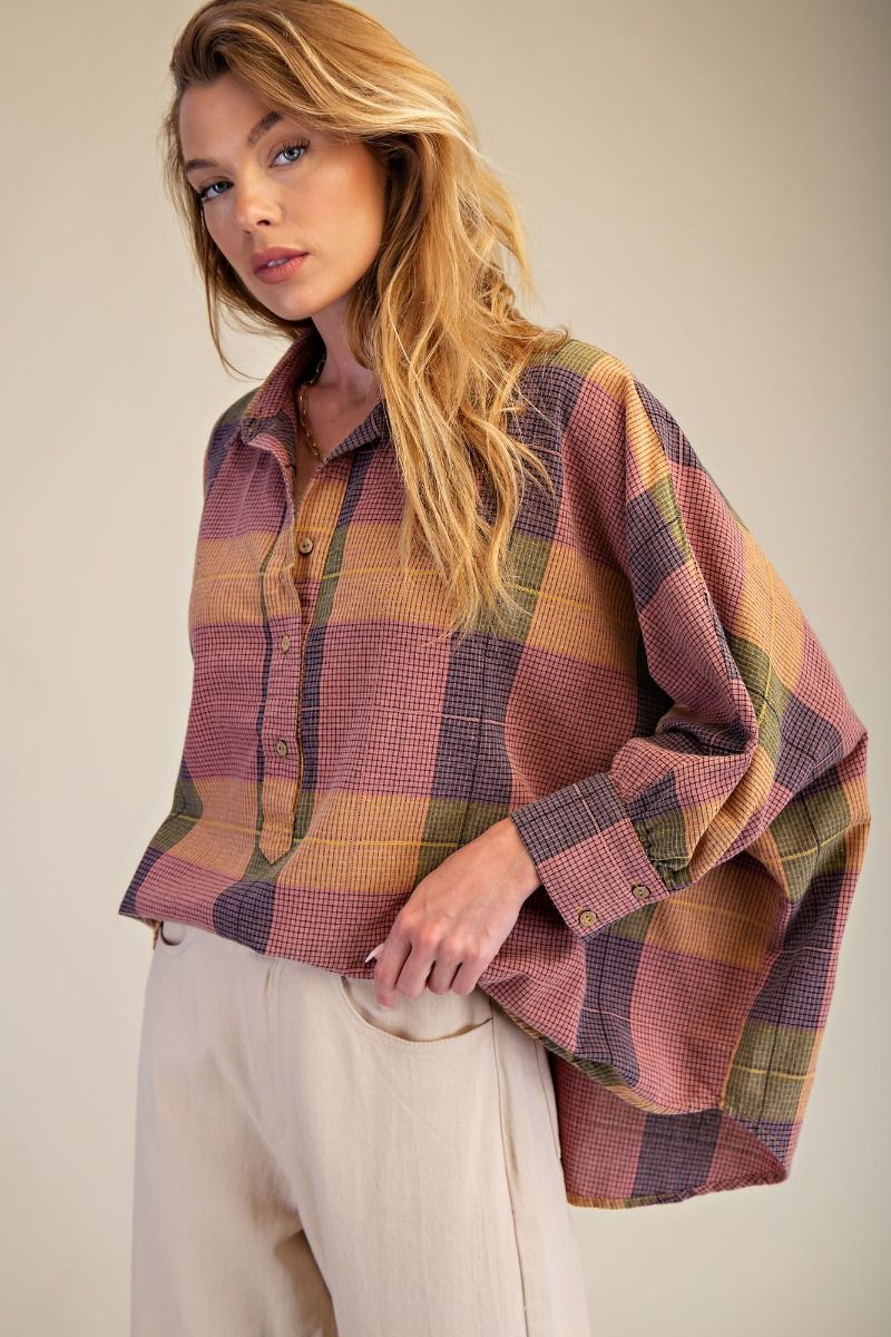 K73 Dolman Sleeve Paid Color Block Button Front Top - Rose - Purple