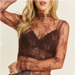 BB44 Brown Lace Long Sleeve Mesh Floral Layering Top