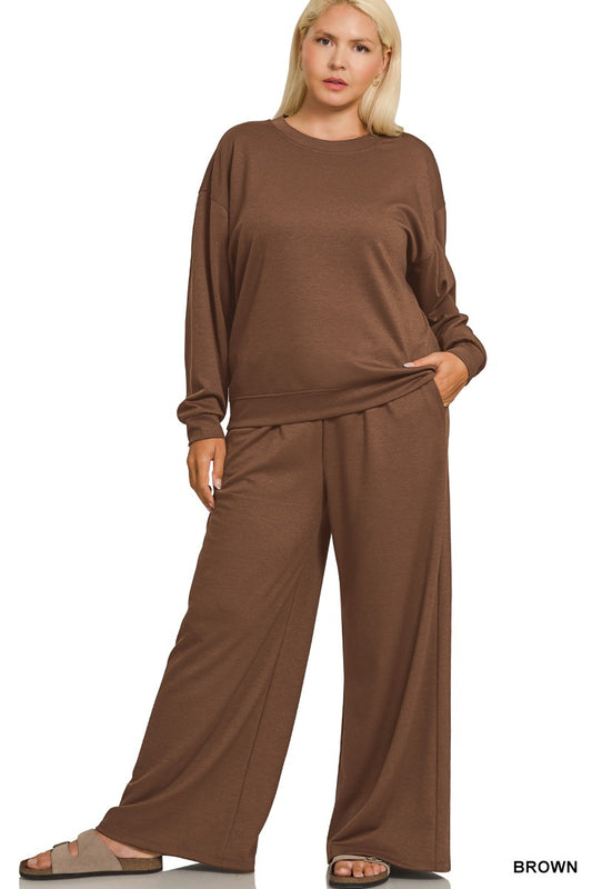 CH2 Brown Scuba Crewneck Pullover & Pant Set Plus