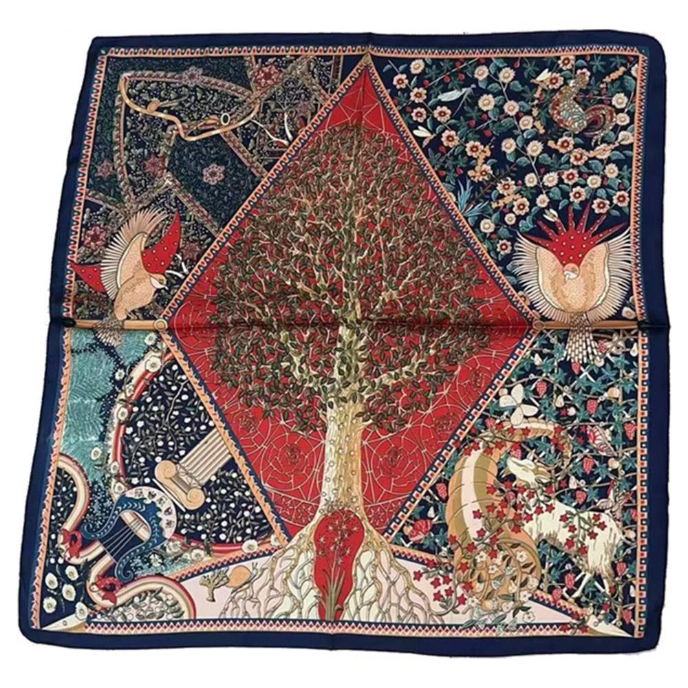 SC13 "Tree Of Life" Navy Blue Printed Large Square Neck Silky Scarf