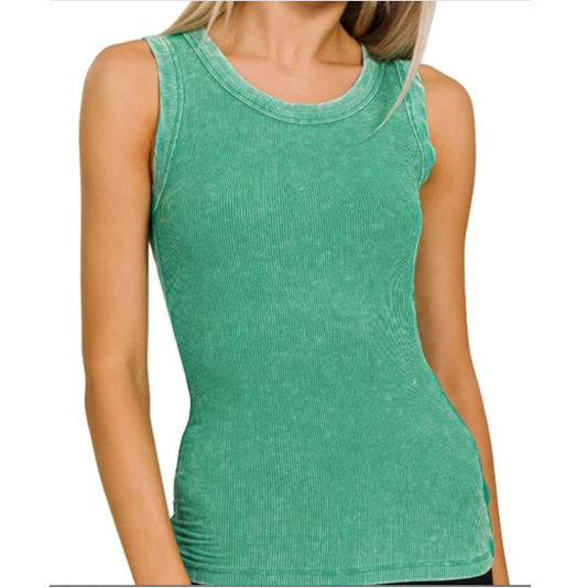 F35 Ribbed Scoop Neck Tank Top Women’s Kelly Green Mineral Wash Casual