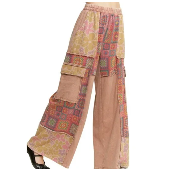 H10 Mineral Wash Crochet Floral Pattern Wide Leg Pants Women’s Boho Casual Trousers