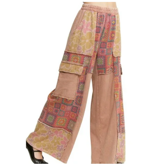 H10 Mineral Wash Crochet Floral Pattern Wide Leg Pants Women’s Boho Casual Trousers