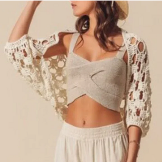 F13 Crochet Shrug Natural Cream Open Knit Sweater Women’s Lightweight