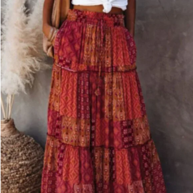 H40 Maxi Skirt Patchwork Burgundy Women’s Casual Boho