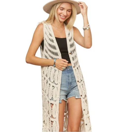 H12 Crochet Cream Open Front Duster Knit Long Sleeve Women’s Boho Cardigan