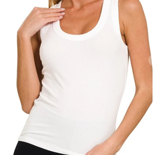 BB09 White Ribbed Scoop Neck Tank Top Women’s Sleeveless Knit Casual Shirt