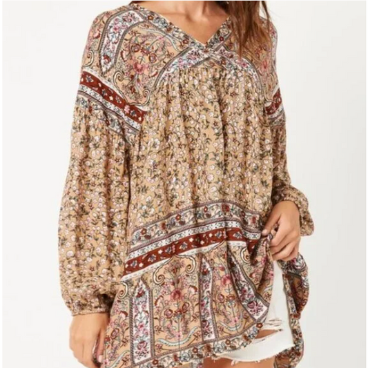 H30 Tunic Floral Border Print Long Sleeve Women’s Casual