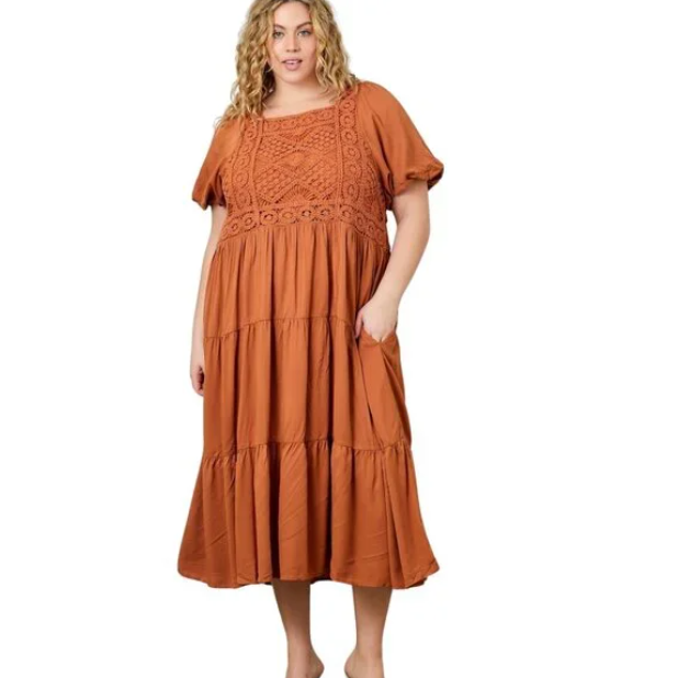 H23 Maxi Dress Crochet Bodice Cognac Women’s Plus Size Casual Boho