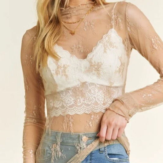 BB41 Lace Layering Top Long Sleeve Beige Women’s Casual
