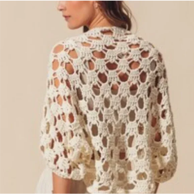 F13 Crochet Shrug Natural Cream Open Knit Sweater Women’s Lightweight