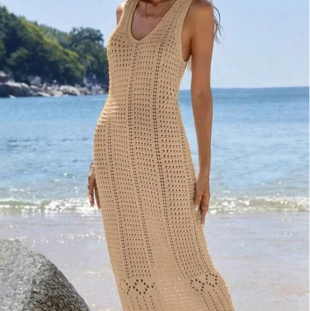 H19 Crochet Midi Dress Women’s Natural Beige Summer Casual Beachwear Boho