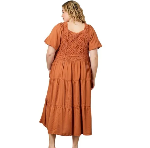 H23 Maxi Dress Crochet Bodice Cognac Women’s Plus Size Casual Boho