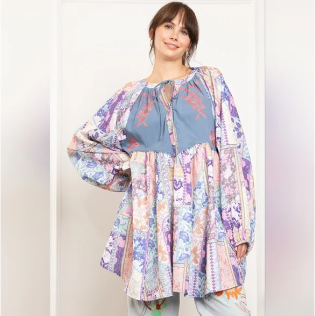 E13 Dusty Blue Embroidered Boho Print Balloon Sleeve Dress Tunic Women’s Casual