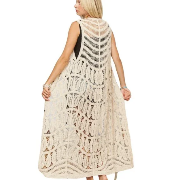 H12 Crochet Cream Open Front Duster Knit Long Sleeve Women’s Boho Cardigan