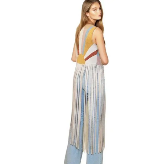 H7 Colorblock Sunrise Faux Suede Maxi Vest Women’s Boho Casual Layering Jacket