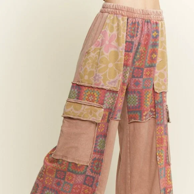 H10 Mineral Wash Crochet Floral Pattern Wide Leg Pants Women’s Boho Casual Trousers