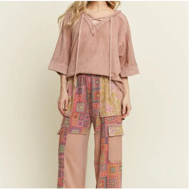 H10 Mineral Wash Crochet Floral Pattern Wide Leg Pants Women’s Boho Casual Trousers