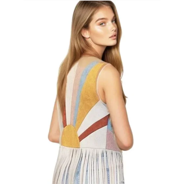 H7 Colorblock Sunrise Faux Suede Maxi Vest Women’s Boho Casual Layering Jacket