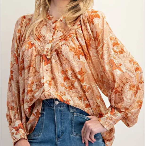 H44 Floral Balloon Sleeve Button Front Blouse Women’s Rust Orange Casual
