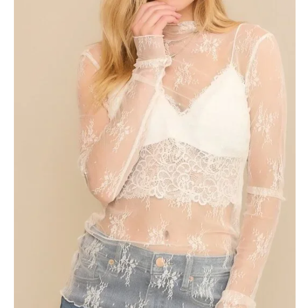 BB39 White Lace Long Sleeve Mesh Floral Layering Top